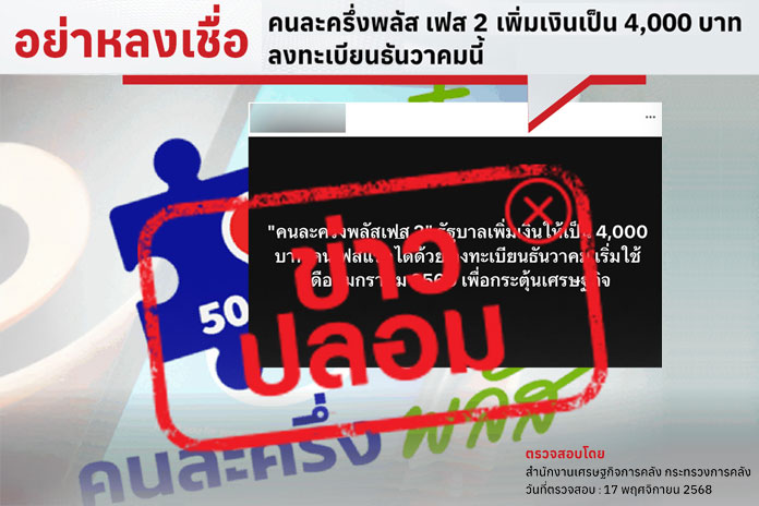 ข่าวปลอม!! เช็กก่อนเชื่อคนละครึ่งพลัส เฟส 2 เพิ่มเงินเป็น 4,000 บาท ลงทะเบียนธันวาคมนี้