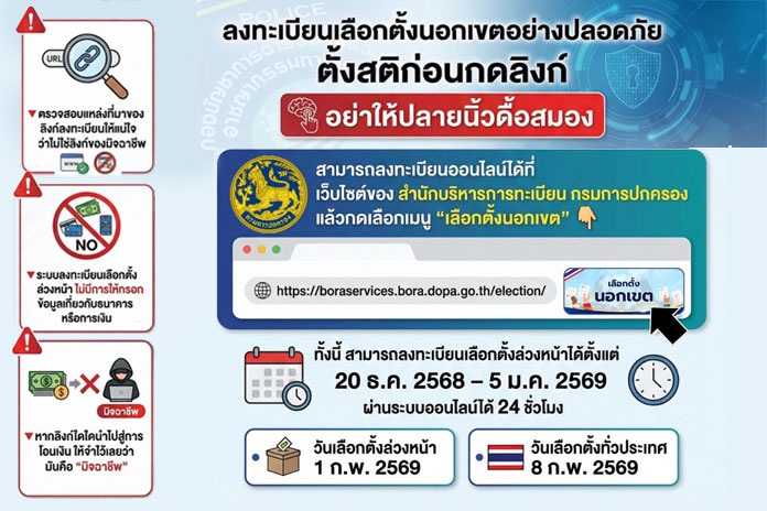 ลงทะเบียนเลือกตั้งนอกเขตอย่างปลอดภัย ตั้งสติก่อนกดลิงก์ อย่าให้ปลายนิ้วดื้อสมอง